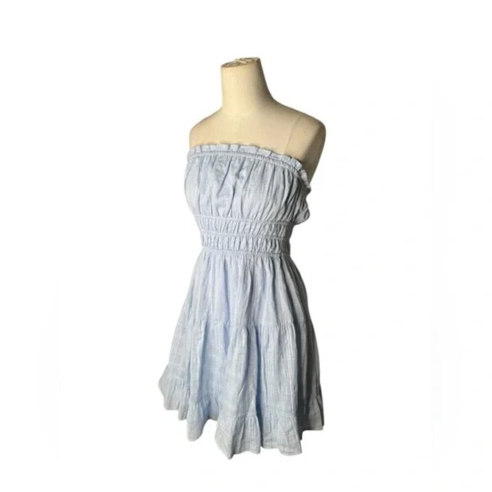 Thirty/Thirty LA Light Blue Strapless Smocked Mini Dress M – Ruffle Summer Boho - Picture 4 of 7